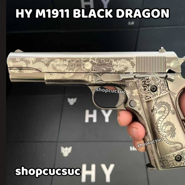 HY M1911 BLACK DRAGON ~250fps màu thép vonfram tay cầm điêu khắc Rồng Đen - Súng đồ chơi kim loại 6mm BB - Hình ảnh 2