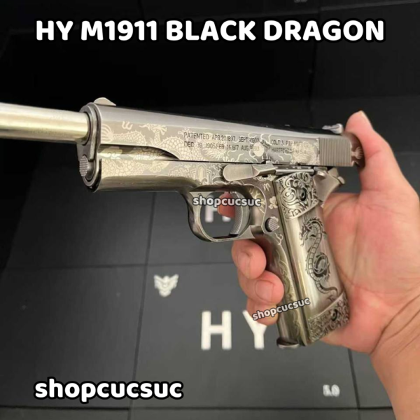 HY M1911 BLACK DRAGON ~250fps màu thép vonfram tay cầm điêu khắc Rồng Đen - Súng đồ chơi kim loại 6mm BB - Hình ảnh 5